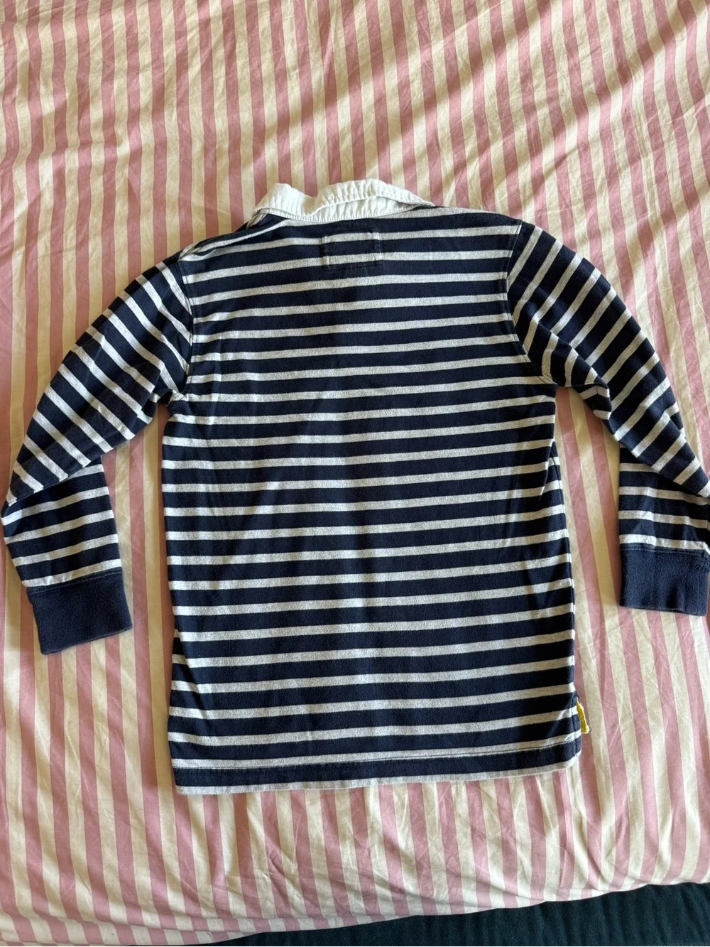 OshKosh B'gosh Navy & White Striped Long-Sleeve Polo with White Collar